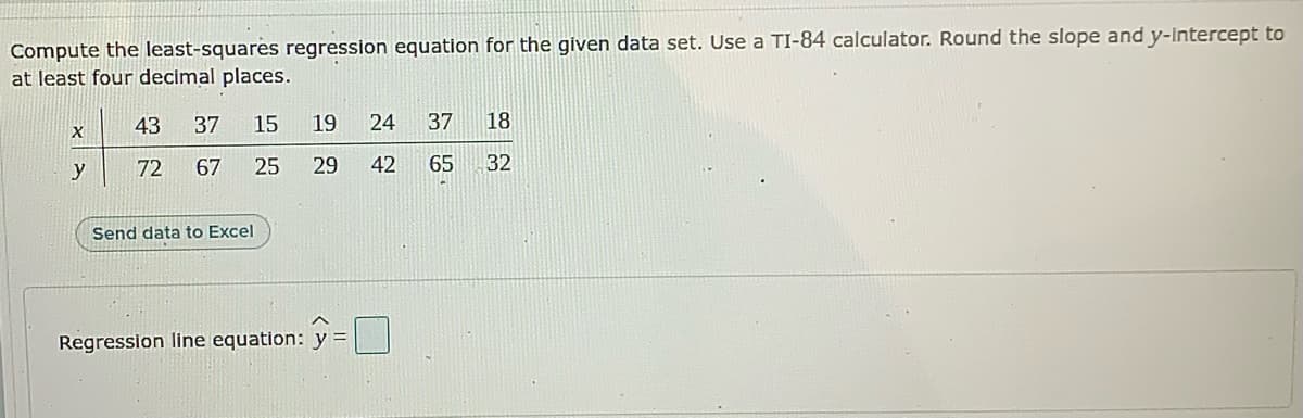 Compute the least-squares regression equation for the given data set. Use a TI-84 calculator. Round the slope and y-intercept to
at least four decimal places.
43
37
15
19
24
37
18
X
y
72
67
25
29
42
65
32
Send data to Excel
Regression line equation: y
