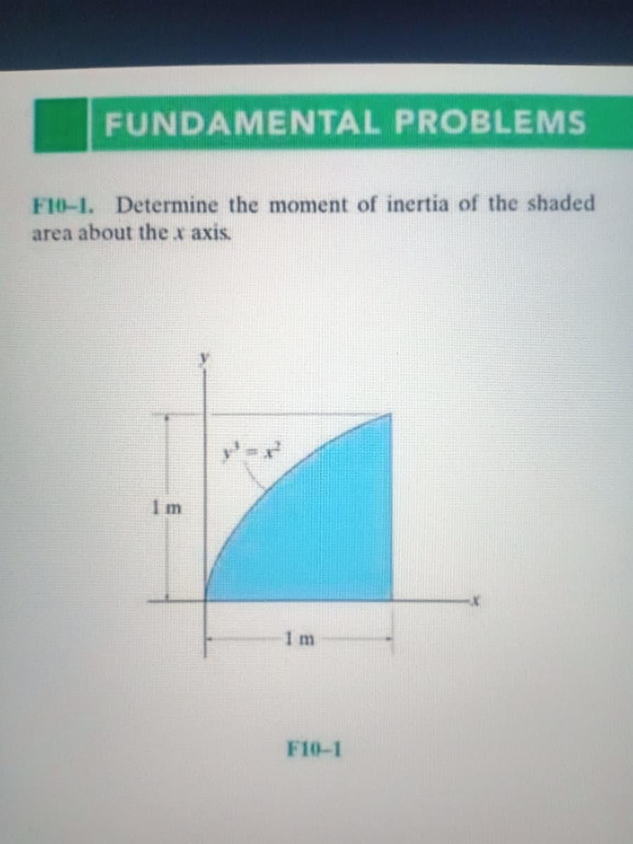 FUNDAMENTAL PROBLEMS
F10-1. Determine the moment of inertia of the shaded
area about the x axis.
1m
1 m
F10-1
