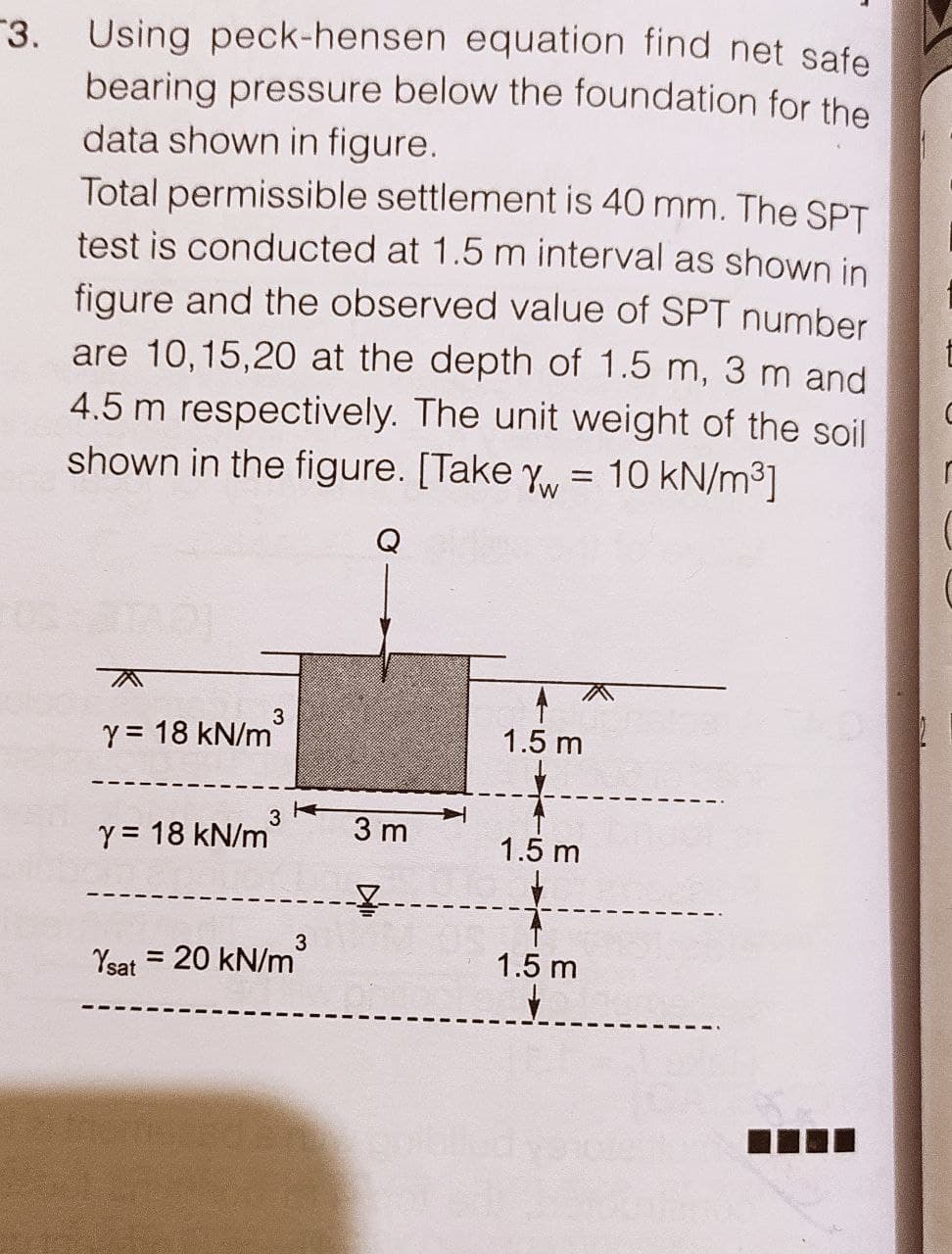 3. Using peck-hensen equation find net safe
bearing pressure below the foundation for the
data shown in figure.
Total permissible settlement is 40 mm. The SPT
test is conducted at 1.5 m interval as shown in
figure and the observed value of SPT number
are 10,15,20 at the depth of 1.5 m, 3 m and
4.5 m respectively. The unit weight of the soil
shown in the figure. [Take Y 10 kN/m³]
Q
y = 18 kN/m³
1.5 m
y = 18 kN/m
1.5 m
3
Ysat = 20 kN/m³
1.5 m
K
3 m
¥
(