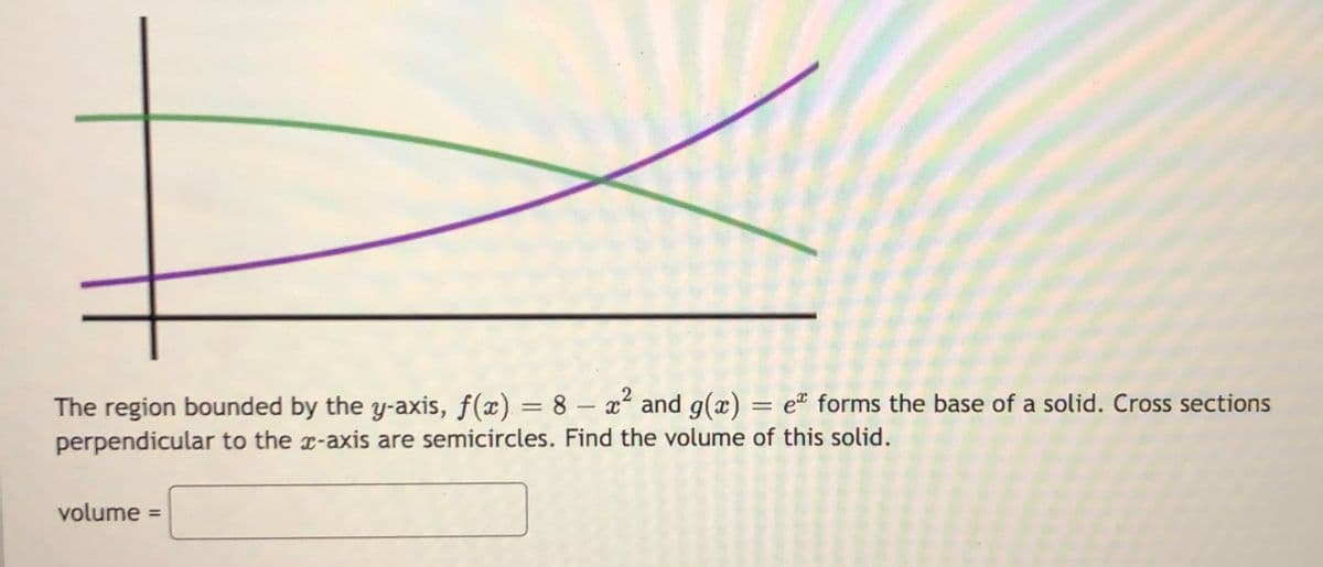 The region bounded by the y-axis, f(x) = 8 – x and g(x) = e" forms the base of a solid. Cross sections
perpendicular to the x-axis are semicircles. Find the volume of this solid.
volume =
%3D
