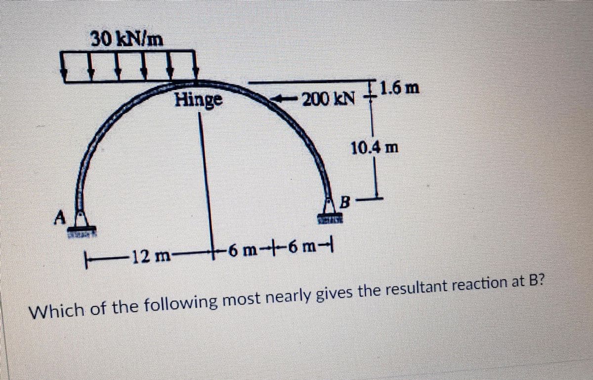 30 kN/m
Hinge
-200KN
I1.6m
10.4m
A
12 m
t6m--6m-1
Which of the following most nearly gives the resultant reaction at B?
