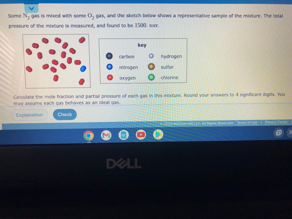 2
Some N₂ gas is mixed with some O₂ gas, and the sketch below shows a representative sample of the mixture. The total
pressure of the mixture is measured, and found to be 1500. torr.
key
carbon
hydrogen
nitrogen
sulfur
oxygen
chlorine
Calculate the mole fraction and partial pressure of each gas in this mixture. Round your answers to 4 significant digits. You
may assume each gas behaves as an ideal gas.
Explanation
Check
Ⓒ2022 McGraw Hill LLC. All Rights Reserved. Terms of Use | Privacy Center
=
DELL
O