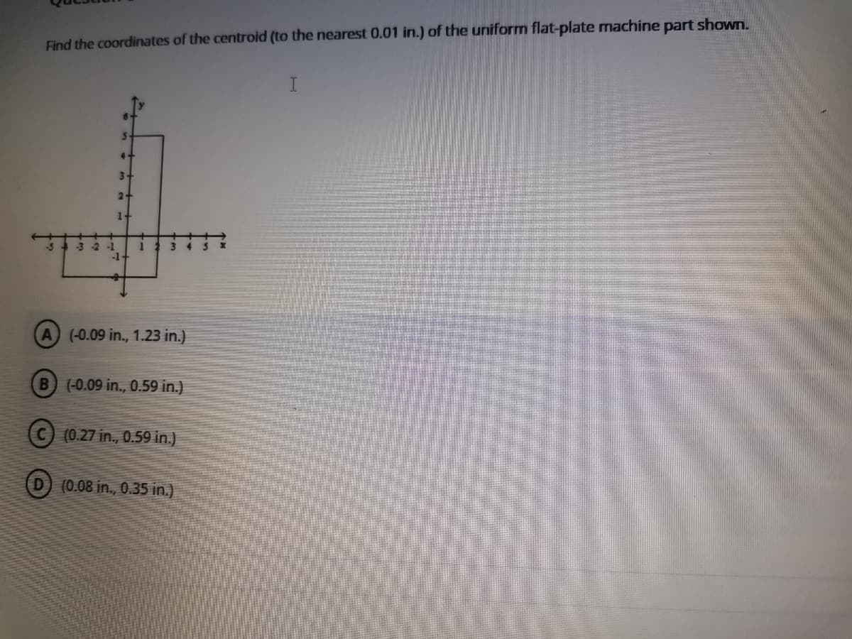 Find the coordinates of the centroid (to the nearest 0.01 in.) of the uniform flat-plate machine part shown.
3\
2-
1-
-1
A (-0.09 in., 1.23 in.)
B (-0.09 in., 0.59 in.)
(c) (0.27 in., 0.59 in.)
(0.08 in., 0.35 in.)
