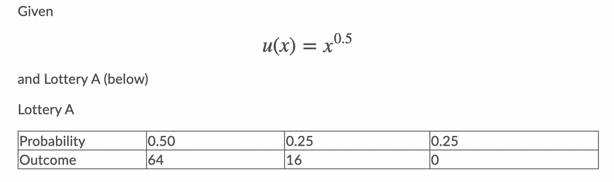 Given
u(x) = x0.5
and Lottery A (below)
Lottery A
Probability
Outcome
0.50
64
0.25
16
0.25
