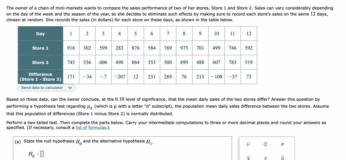 The owner of a chain of mini-markets wants to compare the sales performance of two of her stores, Store 1 and Store 2. Sales can vary considerably depending
on the day of the week and the season of the year, so she decides to eliminate such effects by making sure to record each store's sales on the same 12 days,
chosen at random. She records the sales (in dollars) for each store on these days, as shown in the table below.
Day
1
2
3
4
5
7
8
9
10
11
12
916 302
599
283
876
584
769
975
701
499
746
592
Store 1
Store 2
745
336
606
490
864
353
500
899
488
607
783
519
Difference
171
- 34
-7
- 207
12
231
269
76
213
– 108
- 37
73
(Store 1 - Store 2)
Send data to calculator
Based on these data, can the owner conclude, at the 0.10 level of significance, that the mean daily sales of the two stores differ? Answer this question by
performing a hypothesis test regarding u, (which is u with a letter "d" subscript), the population mean daily sales difference between the two stores. Assume
that this population of differences (Store 1 minus Store 2) is normally distributed.
Perform a two-tailed test. Then complete the parts below. Carry your intermediate computations to three or more decimal places and round your answers as
specified. (If necessary, consult a list of formulas.)
(a) State the null hypothesis H, and the alternative hypothesis H, .
0.
