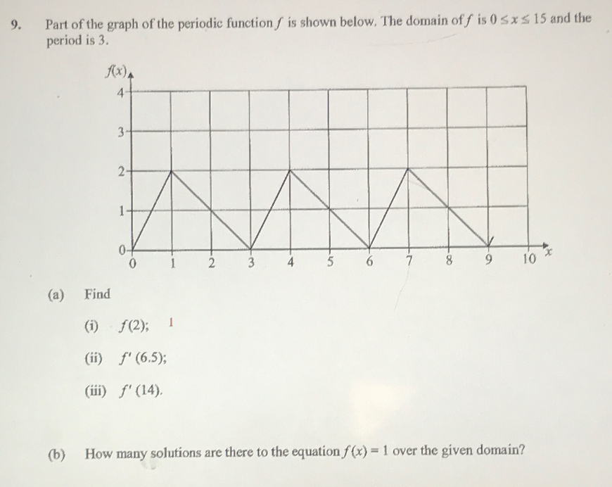 Part of the graph of the periodic function f is shown below. The domain of f is 0 sxs 15 and the
period is 3.
9.
Ax),
3-
2+
1.
7
8.
10
(a)
Find
(i) f(2);
(ii) f' (6.5);
(iii) f' (14).
(b)
How many solutions are there to the equationf(x)=1 over the given domain?
4.
3.
