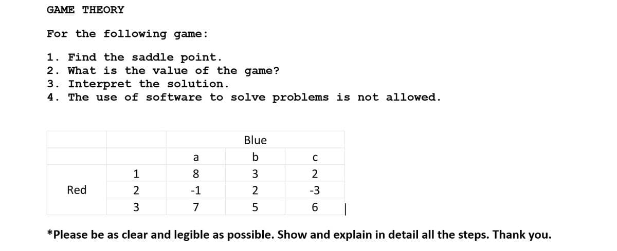 GAME THEORY
For the following game:
1. Find the saddle point.
2. What is the value of the game?
3. Interpret the solution.
4. The use of software to solve problems is not allowed.
Red
123
3
a
8
-1
7
Blue
b
325
U236
-3
*Please be as clear and legible as possible. Show and explain in detail all the steps. Thank you.