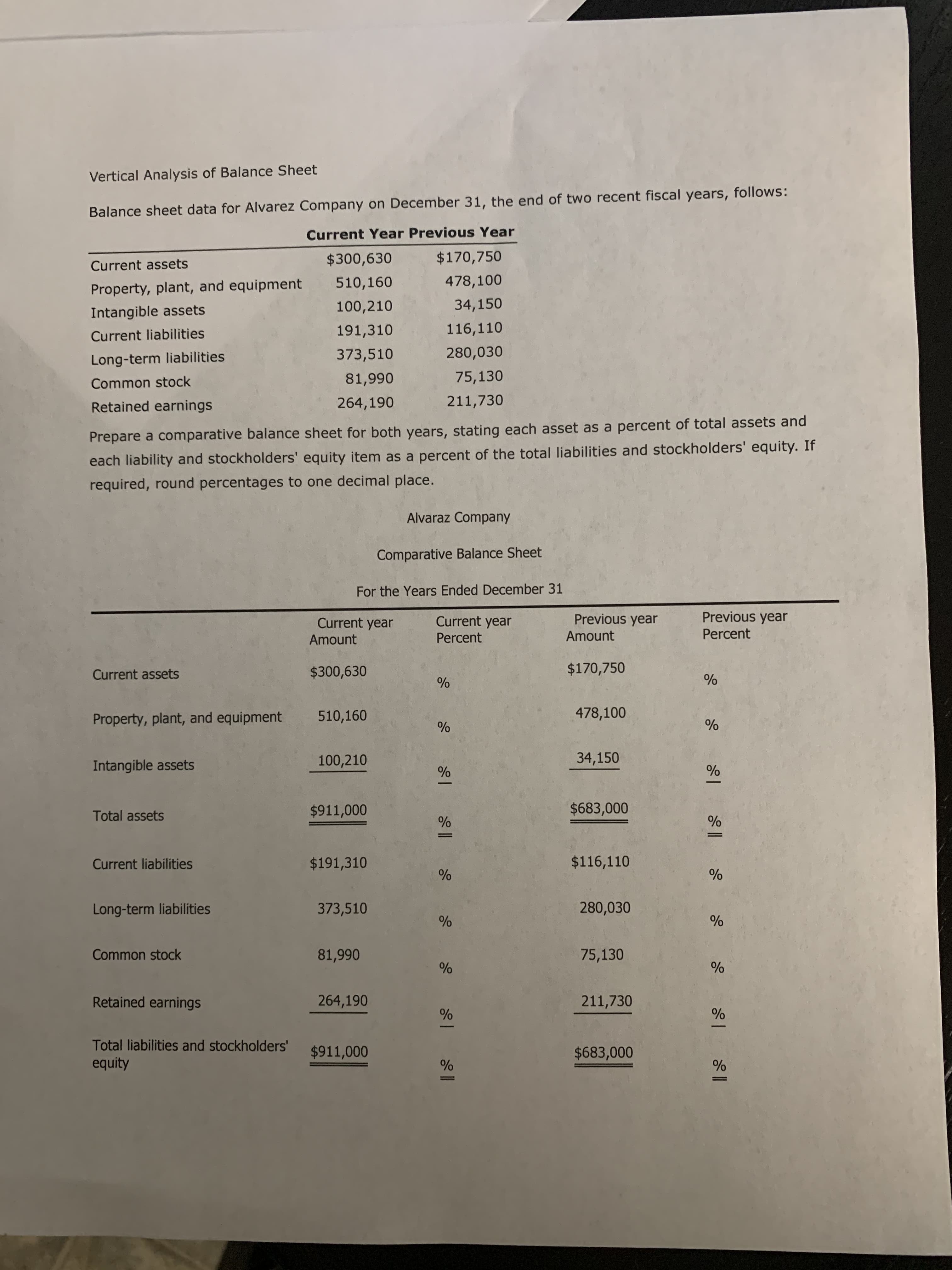 Vertical Analysis of Balance Sheet
Balance sheet data for Alvarez Company on December 31, the end of two recent fiscal years, follows:
Current Year Previous Year
$300,630
$170,750
Current assets
510,160
478,100
Property, plant, and equipment
100,210
34,150
Intangible assets
191,310
116,110
Current liabilities
373,510
280,030
Long-term liabilities
Common stock
81,990
75,130
Retained earnings
264,190
211,730
Prepare a comparative balance sheet for both years, stating each asset as a percent of total assets and
each liability and stockholders' equity item as a percent of the total liabilities and stockholders' equity. If
required, round percentages to one decimal place.
Alvaraz Company
Comparative Balance Sheet
For the Years Ended December 31
Previous year
Previous year
Current year
Percent
Current year
Amount
Amount
Percent
Current assets
$300,630
$170,750
Property, plant, and equipment
510,160
478,100
100,210
34,150
Intangible assets
Total assets
$911,000
$683,000
Current liabilities
$191,310
$116,110
Long-term liabilities
373,510
280,030
Common stock
81,990
75,130
Retained earnings
264,190
211,730
Total liabilities and stockholders'
$911,000
$683,000
equity
96
