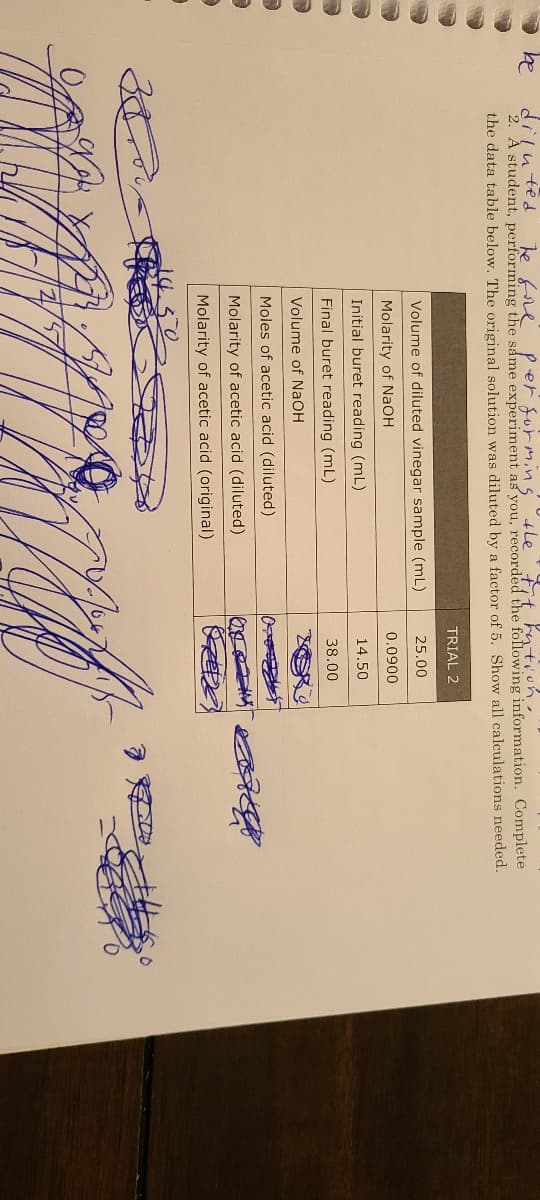 be
diluted
2. A student, performing the same experiment as you, recorded the following information. Complete
the data table below. The original solution was diluted by a factor of 5. Show all calculations needed.
Te fre P er surmins 4letit kntion.
TRIAL 2
Volume of diluted vinegar sample (mL)
25.00
Molarity of NAOH
0.0900
Initial buret reading (mL)
14.50
Final buret reading (mL)
38.00
Volume of NaOH
Moles of acetic acid (diluted)
Molarity of acetic acid (diluted)
Molarity of acetic acid (original)
