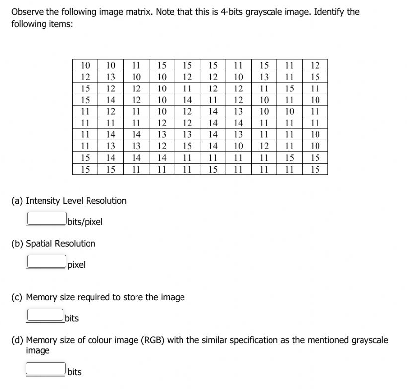 Observe the following image matrix. Note that this is 4-bits grayscale image. Identify the
following items:
11
10
12
13
10
11
15
15
15
11
15
12
10
10
12
12
10
13
11
15
15
12
12
10
11
12
11
15
11
15
14
12
10
14
11
12
10
11
10
11
12
11
10
12
14
13
10
10
11
11
11
11
12
12
14
14
11
11
11
11
14
14
13
13
14
13
11
11
10
13
15
15
11
13
12
15
14
10
12
11
10
14
14
14
11
11
11
11
15
15
11
11
11
15
11
11
11
15
(a) Intensity Level Resolution
bits/pixel
(b) Spatial Resolution
pixel
(c) Memory size required to store the image
bits
(d) Memory size of colour image (RGB) with the similar specification as the mentioned grayscale
image
bits
5N2N
45
