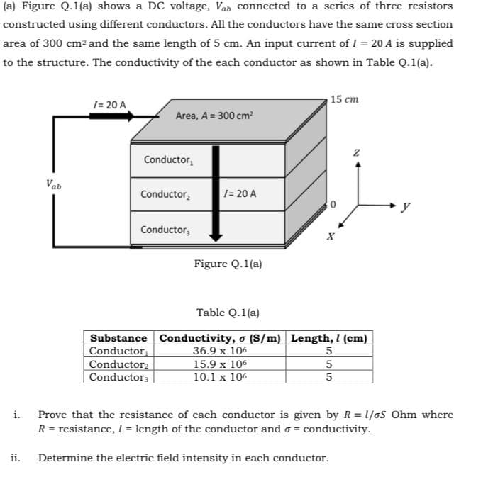 (a) Figure Q.1(a) shows a DC voltage, Vab connected to a series of three resistors
constructed using different conductors. All the conductors have the same cross section
area of 300 cm2 and the same length of 5 cm. An input current of I = 20 A is supplied
to the structure. The conductivity of the each conductor as shown in Table Q.1(a).
I= 20 A
15 cm
Area, A = 300 cm?
Conductor,
Vab
Conductor,
I= 20 A
y
Conductor,
Figure Q.1(a)
Table Q.1(a)
Substance Conductivity, o (S/m) Length, I (cm)
Conductor
Conductor2
Conductor3
36.9 x 106
15.9 x 106
10.1 х 106
5
i. Prove that the resistance of each conductor is given by R = l/oS Ohm where
R = resistance, I = length of the conductor and o = conductivity.
ii.
Determine the electric field intensity in each conductor.
55
