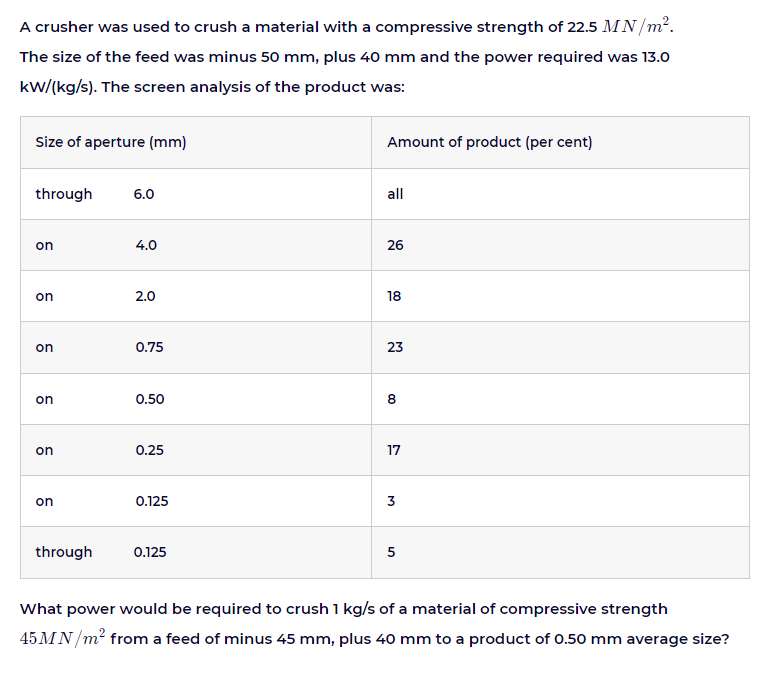 A crusher was used to crush a material with a compressive strength of 22.5 MN/m?.
The size of the feed was minus 50 mm, plus 40 mm and the power required was 13.0
kw/(kg/s). The screen analysis of the product was:
Size of aperture (mm)
Amount of product (per cent)
through
6.0
all
on
4.0
26
on
2.0
18
on
0.75
23
on
0.50
on
0.25
17
on
0.125
3
through
0.125
5
What power would be required to crush 1 kg/s of a material of compressive strength
45MN/m? from a feed of minus 45 mm, plus 40 mm to a product of 0.50 mm average size?
