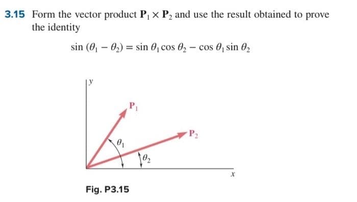 3.15 Form the vector product P₁ x P₂ and use the result obtained to prove
the identity
sin (0₁-0₂) sin 0₁ cos 0₂: cos , sin 0₂
Fig. P3.15
P₂
X