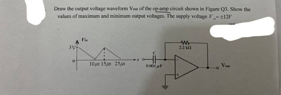 Draw the output voltage waveform Vout of the op-amp circuit shown in Figure Q3. Show the
values of maximum and minimum output voltages. The supply voltage V ±12V
Vin
2.2 kn
3V-
Vout
101us 15us 25s
0.001 uF
