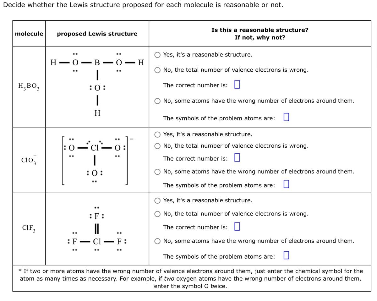 Decide whether the Lewis structure proposed for each molecule is reasonable or not.
molecule proposed Lewis structure
H,BO3
CIO
H▪
CIF 3
-
O
B
: F
|
:0:
1
H
—
:0:
:
—ö:
:F:
Cl
O-
—
—
Yes, it's a reasonable structure.
No, the total number of valence electrons is wrong.
The correct number is:
No, some atoms have the wrong number of electrons around them.
The symbols of the problem atoms are: 0
* If two or more atoms have the wrong number of valence electrons around them, just enter the chemical symbol for the
atom as many times as necessary. For example, if two oxygen atoms have the wrong number of electrons around them,
enter the symbol O twice.
- H
F:
Is this a reasonable structure?
If not, why not?
Yes, it's a reasonable structure.
No, the total number of valence electrons is wrong.
The correct number is:
No, some atoms have the wrong number of electrons around them.
0
The symbols of the problem atoms are:
Yes, it's a reasonable structure.
No, the total number of valence electrons is wrong.
The correct number is:
No, some atoms have the wrong number of electrons around them.
The symbols of the problem atoms are: 0