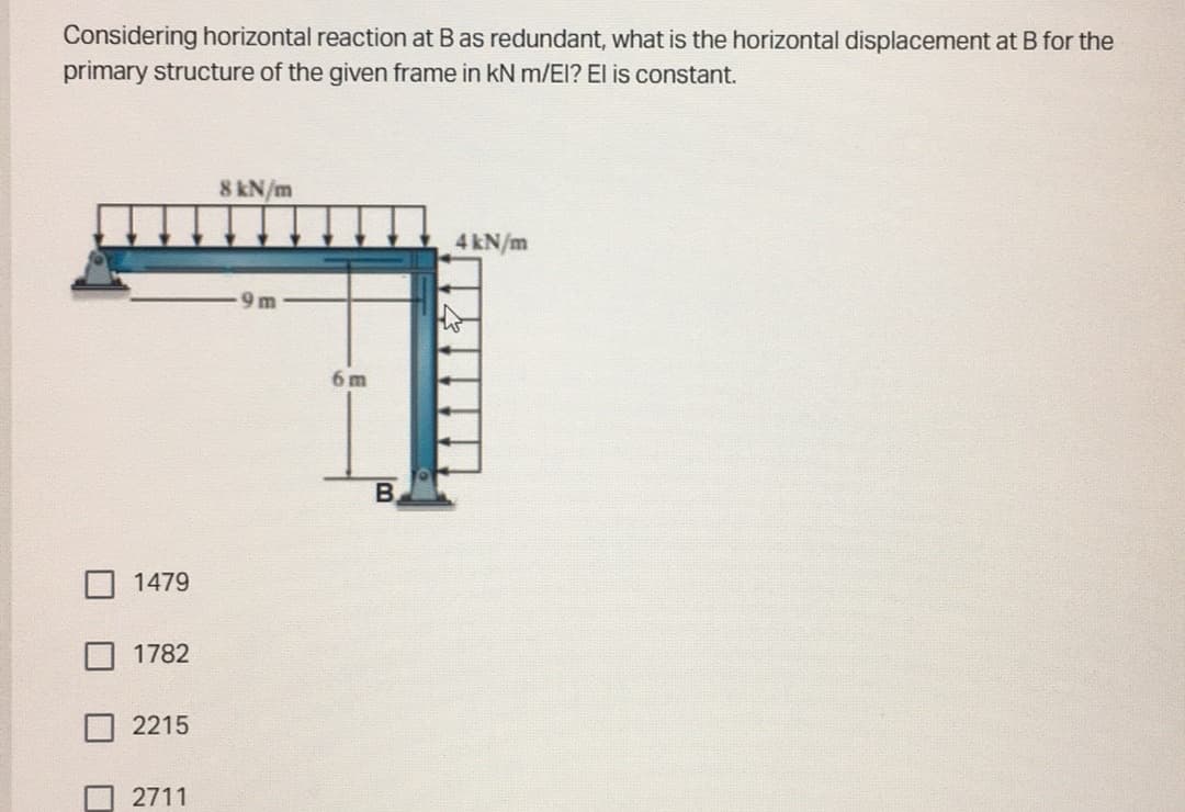 Considering horizontal reaction at B as redundant, what is the horizontal displacement at B for the
primary structure of the given frame in kN m/EI? El is constant.
8 kN/m
4 kN/m
9m
1479
1782
2215
2711
6m
B