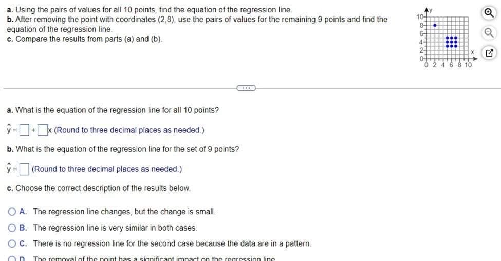 a. Using the pairs of values for all 10 points, find the equation of the regression line.
b. After removing the point with coordinates (2,8), use the pairs of values for the remaining 9 points and find the
equation of the regression line..
c. Compare the results from parts (a) and (b).
C
a. What is the equation of the regression line for all 10 points?
ŷ=+x (Round to three decimal places as needed.)
b. What is the equation of the regression line for the set of 9 points?
y = (Round to three decimal places as needed.)
y=
c. Choose the correct description of the results below.
OA. The regression line changes, but the change is small.
OB. The regression line is very similar in both cases.
OC. There is no regression line for the second case because the data are in a pattern.
On The removal of the point has a significant impact on the regression line
10
8-
0
++++++
0 2 4 6 8 10.
OON