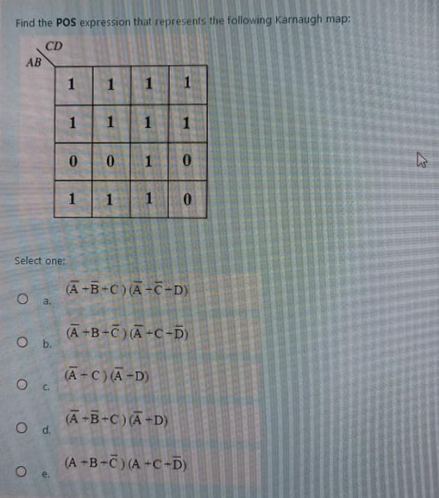 Find the POS expression that represents the following Karnaugh map:
CD
AB
Select one:
a.
O b.
Oc.
O d.
O
20
1
1
0
1
1 1
1
0
1
1 1
1
1
1
0
(A+B+C)(A+D)
0
(A+B+C) (A-C-D)
(A+B+C)(A+C+D)
(A+C) (A-D)
(A+B+C) (A+C+D)
مار