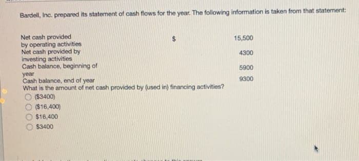 Bardell, Inc. prepared its statement of cash flows for the year. The following information is taken from that statement:
Net cash provided
by operating activities
Net cash provided by
investing activities
Cash balance, beginning of
15,500
4300
5900
Cash balance, end of year
9300
What is the amount of net cash provided by (used in) financing activities?
($3400)
($16,400)
year
$16,400
$3400