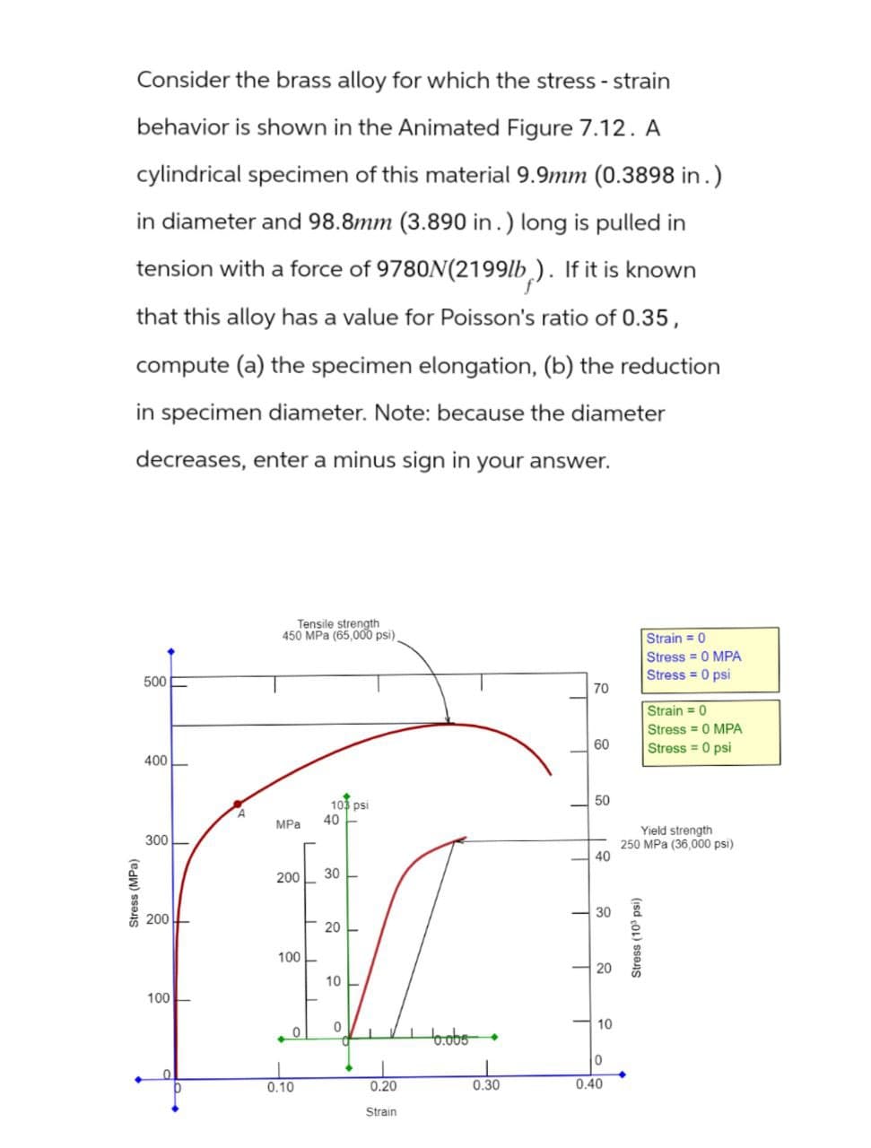 Stress (MPa)
500
400
Consider the brass alloy for which the stress-strain
behavior is shown in the Animated Figure 7.12. A
cylindrical specimen of this material 9.9mm (0.3898 in.)
in diameter and 98.8mm (3.890 in.) long is pulled in
tension with a force of 9780N(2199/b). If it is known
that this alloy has a value for Poisson's ratio of 0.35,
compute (a) the specimen elongation, (b) the reduction
in specimen diameter. Note: because the diameter
decreases, enter a minus sign in your answer.
Tensile strength
450 MPa (65,000 psi),
Strain =0
Stress = 0 MPA
Stress =0 psi
70
Strain = 0
Stress
0 MPA
60
Stress = 0 psi
103 psi
50
40
MPa
Yield strength
300
250 MPa (36,000 psi)
40
30
200
200
20
100
10
100
0
0
T
10
P
0.10
0.20
Strain
10.065
0
0.30
0.40
30
20
10
Stress (10 psi)