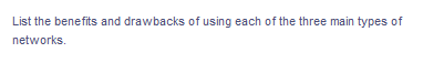 List the benefits and drawbacks of using each of the three main types of
networks.