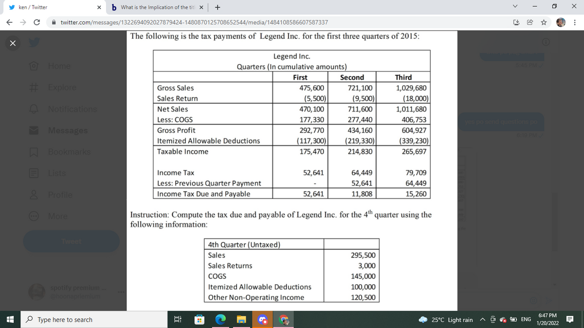 y ken / Twitter
b What is the Implication of the titl x
A twitter.com/messages/1322694092027879424-1480870125708652544/media/1484108586607587337
The following is the tax payments of Legend Inc. for the first three quarters of 2015:
Legend Inc.
Quarters (In cumulative amounts)
Home
5:45 PM
First
Second
Third
E Explore
Gross Sales
475,600
721,100
1,029,680
Sales Return
(5,500)
(9,500)
(18,000)
A Notifications
Net Sales
470, 100
711,600
1,011,680
Less: COGS
177,330
277,440
406,753
es po send questions po
Messages
Gross Profit
292,770
434,160
604,927
6:19 PM.
Itemized Allowable Deductions
(117,300)
(219,330)
(339,230)
A Bookmarks
Taxable Income
175,470
214,830
265,697
E Lists
Income Tax
52,641
64,449
79,709
Less: Previous Quarter Payment
52,641
64,449
A Profile
Income Tax Due and Payable
52,641
11,808
15,260
Instruction: Compute the tax due and payable of Legend Inc. for the 4th .
following information:
More
'quarter using the
Tweet
4th Quarter (Untaxed)
Sales
295,500
Sales Returns
3,000
COGS
145,000
spotify premium
Itemized Allowable Deductions
100,000
@hoonapriemium
Other Non-Operating Income
120,500
6:47 PM
P Type here to search
25°C Light rain
O G O ENG
1/20/2022
近
