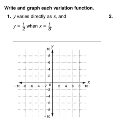 Write and graph each variation function.
1. y varies directly as x, and
2.
y =3 when x =
8
10
8-
2.
-10 -8 -6 -4 -2
-2
6 $ 10
..
10
