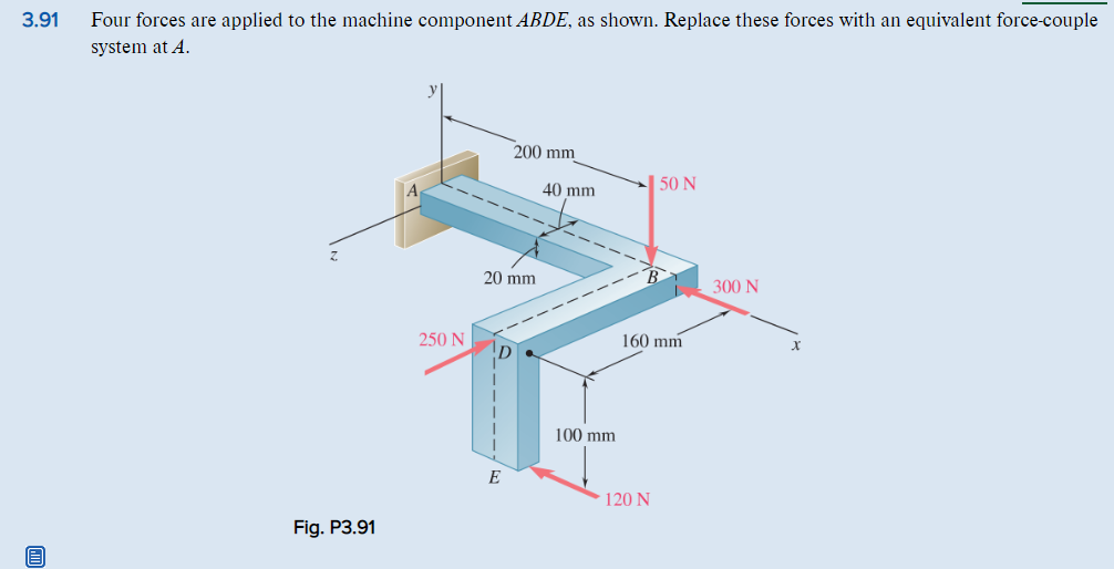 3.91
Four forces are applied to the machine component ABDE, as shown. Replace these forces with an equivalent force-couple
system at A.
200 mm
40 mm
| 50 N
20 mm
300 N
160 mm
250 N
D
100 mm
E
120 N
Fig. P3.91
----
