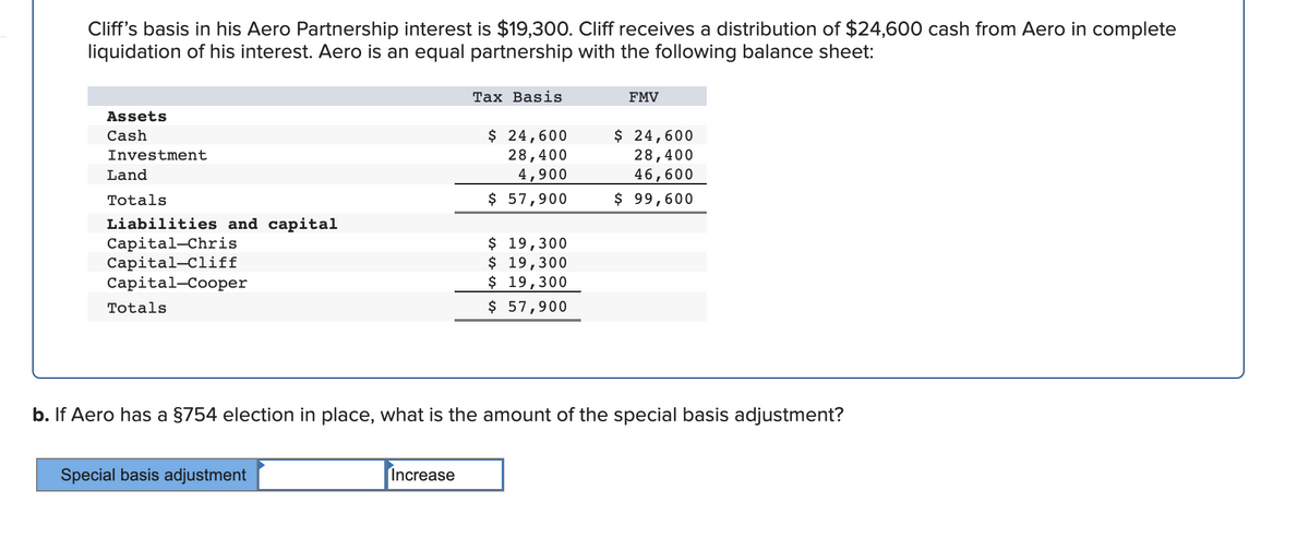 Cliff's basis in his Aero Partnership interest is $19,300. Cliff receives a distribution of $24,600 cash from Aero in complete
liquidation of his interest. Aero is an equal partnership with the following balance sheet:
Таx Basis
FMV
Assets
$ 24,600
28,400
$ 24,600
28,400
46,600
Cash
Investment
Land
4,900
Totals
$ 57,900
$ 99,600
Liabilities and capital
Capital-Chris
Capital-Cliff
Capital-Cooper
$ 19,300
$ 19,300
$ 19,300
$ 57,900
Totals
b. If Aero has a §754 election in place, what is the amount of the special basis adjustment?
Special basis adjustment
Increase
