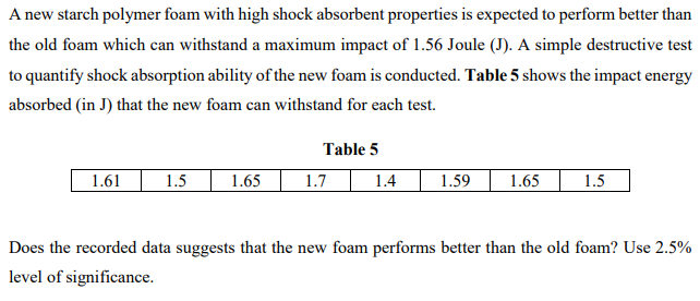 A new starch polymer foam with high shock absorbent properties is expected to perform better than
the old foam which can withstand a maximum impact of 1.56 Joule (J). A simple destructive test
to quantify shock absorption ability of the new foam is conducted. Table 5 shows the impact energy
absorbed (in J) that the new foam can withstand for each test.
Table 5
1.61
1.5
1.65
1.7
1.4
1.59
1.65
1.5
Does the recorded data suggests that the new foam performs better than the old foam? Use 2.5%
level of significance.
