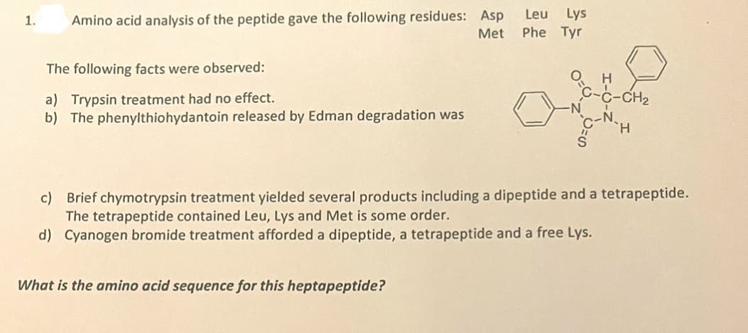 1.
Amino acid analysis of the peptide gave the following residues: Asp
Met
The following facts were observed:
a) Trypsin treatment had no effect.
b) The phenylthiohydantoin released by Edman degradation was
Leu Lys
Phe Tyr
What is the amino acid sequence for this heptapeptide?
H
C-C-CH₂
H
c)
Brief chymotrypsin treatment yielded several products including a dipeptide and a tetrapeptide.
The tetrapeptide contained Leu, Lys and Met is some order.
d) Cyanogen bromide treatment afforded a dipeptide, a tetrapeptide and a free Lys.