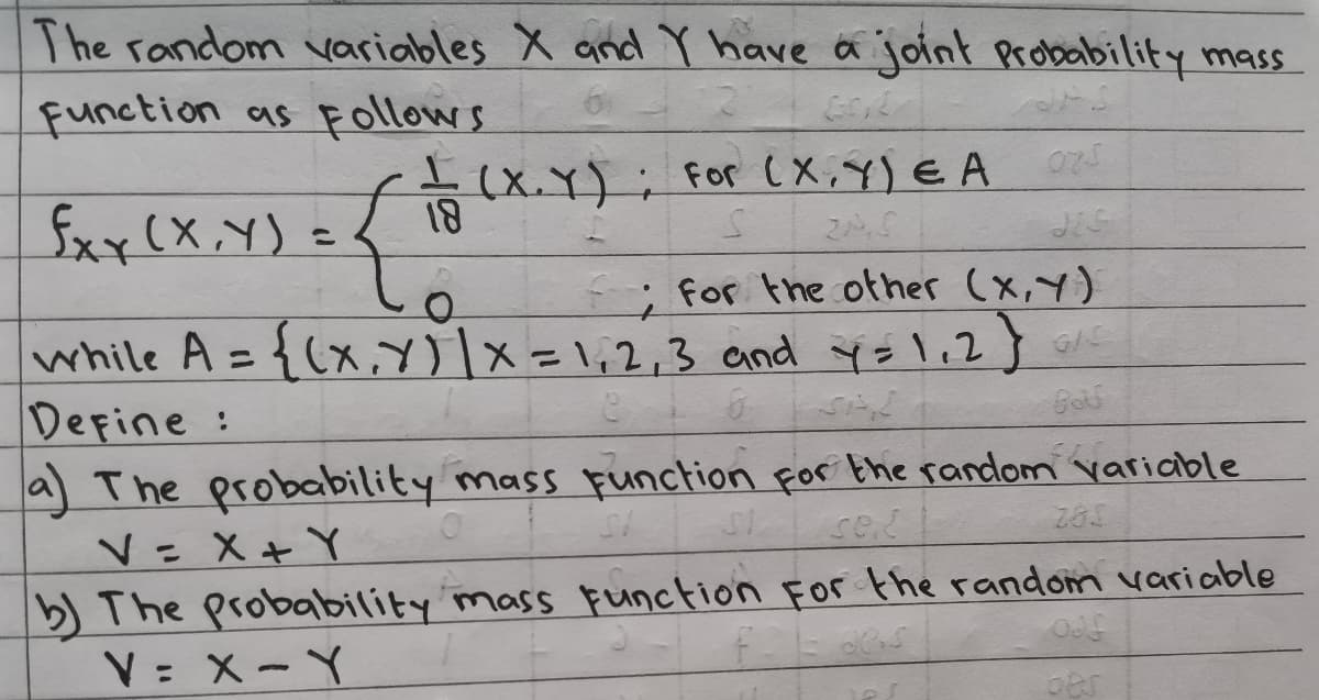 The random variables X and Y have ä joint Probability masS
6
function as Follows
- (X.Y); For ( X,Y) E A
18
For the other (x,Y)
while A = {(x,Y ,2,3 end y=l,2} ore
Depine:
%3D
a The probability mass Function For the random variable
V= X+ Y
b) The probability mass Function For the random variable
V= X-Y
285
