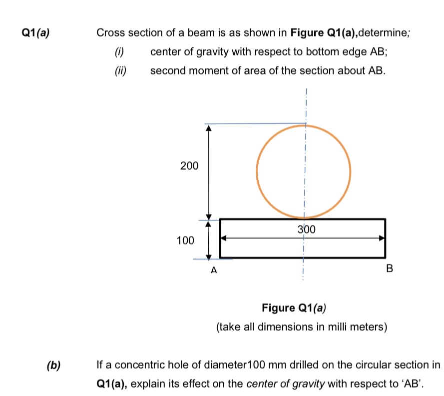 Q1(a)
Cross section of a beam is as shown in Figure Q1(a),determine;
(i)
center of gravity with respect to bottom edge AB;
(ii)
second moment of area of the section about AB.
200
300
100
A
B
Figure Q1(a)
(take all dimensions in milli meters)
(b)
If a concentric hole of diameter100 mm drilled on the circular section in
Q1(a), explain its effect on the center of gravity with respect to 'AB'.
