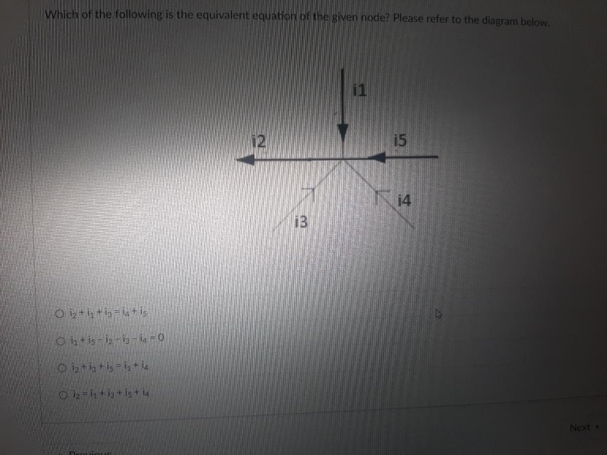 Which of the following is the equivalent equation of the given node? Please refer to the diagram below.
15
O 1₂+1₂+13=14+ is
Oi₁ +15-12-13-14-0
O 1₂+13 +15= ¹₁ + 14
12= 12 +13 + 15 + 14
13
14
Next >