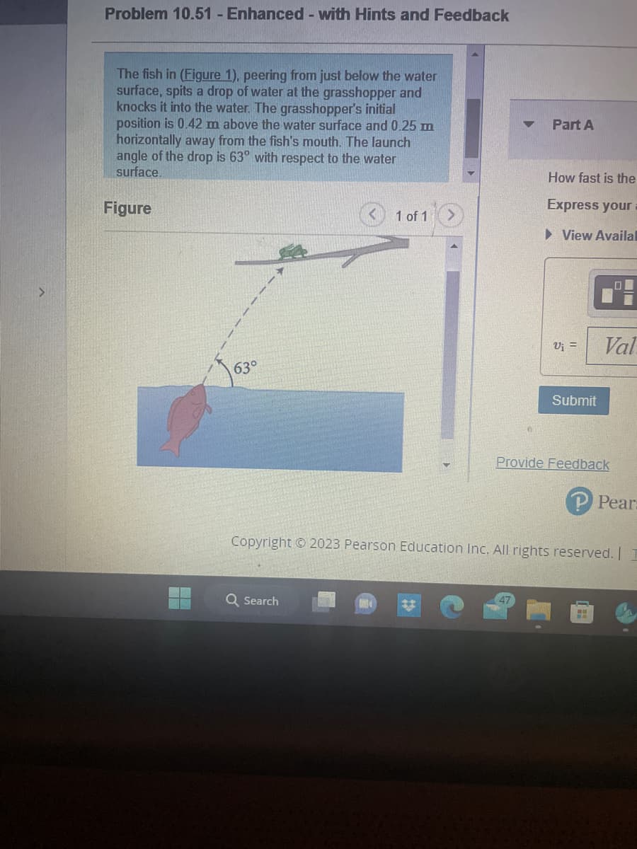 Problem 10.51 - Enhanced - with Hints and Feedback
The fish in (Figure 1), peering from just below the water
surface, spits a drop of water at the grasshopper and
knocks it into the water. The grasshopper's initial
position is 0.42 m above the water surface and 0.25 m
horizontally away from the fish's mouth. The launch
angle of the drop is 63° with respect to the water
surface.
Figure
63°
1 of 1
Q Search
Part A
How fast is the
Express your
▶View Availal
V₁ =
Submit
Val
Provide Feedback
P Pear=
Copyright © 2023 Pearson Education Inc. All rights reserved. | I
HA