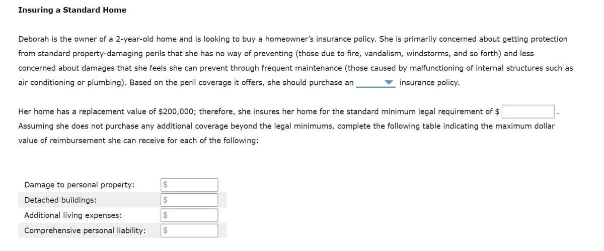 Insuring a Standard Home
Deborah is the owner of a 2-year-old home and is looking to buy a homeowner's insurance policy. She is primarily concerned about getting protection
from standard property-damaging perils that she has no way of preventing (those due to fire, vandalism, windstorms, and so forth) and less
concerned about damages that she feels she can prevent through frequent maintenance (those caused by malfunctioning of internal structures such as
air conditioning or plumbing). Based on the peril coverage it offers, she should purchase an
insurance policy.
Her home has a replacement value of $200,000; therefore, she insures her home for the standard minimum legal requirement of $
Assuming she does not purchase any additional coverage beyond the legal minimums, complete the following table indicating the maximum dollar
value of reimbursement she can receive for each of the following:
Damage to personal property:
$
Detached buildings:
$
Additional living expenses:
$
Comprehensive personal liability:
$