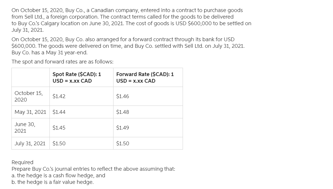 On October 15, 2020, Buy Co., a Canadian company, entered into a contract to purchase goods
from Sell Ltd., a foreign corporation. The contract terms called for the goods to be delivered
to Buy Co.'s Calgary location on June 30, 2021. The cost of goods is USD $600,000 to be settled on
July 31, 2021.
On October 15, 2020, Buy Co. also arranged for a forward contract through its bank for USD
$600,000. The goods were delivered on time, and Buy Co. settled with Sell Ltd. on July 31, 2021.
Buy Co. has a May 31 year-end.
The spot and forward rates are as follows:
Spot Rate ($CAD): 1
USD = x.xx CAD
Forward Rate ($CAD): 1
USD = x.xx CAD
October 15,
$1.42
$1.46
2020
May 31, 2021
$1.44
$1.48
June 30,
$1.45
$1.49
2021
July 31, 2021
$1.50
$1.50
Required
Prepare Buy Co.'s journal entries to reflect the above assuming that:
a. the hedge is a cash flow hedge, and
b. the hedge is a fair value hedge.