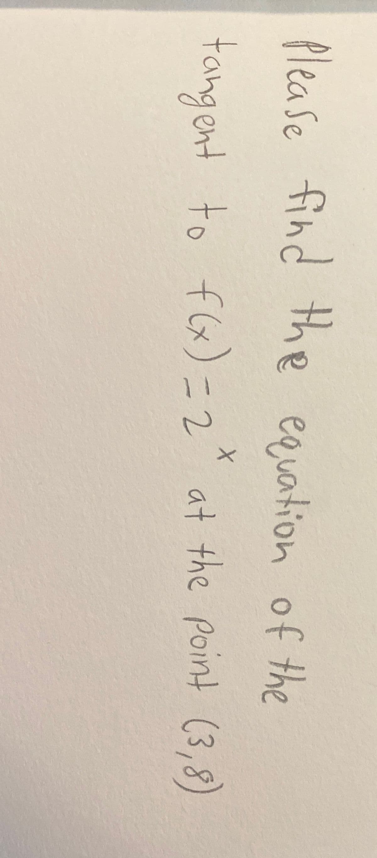 Please find the equation of the
tangent to f(x)=2* at the point (3,8)
