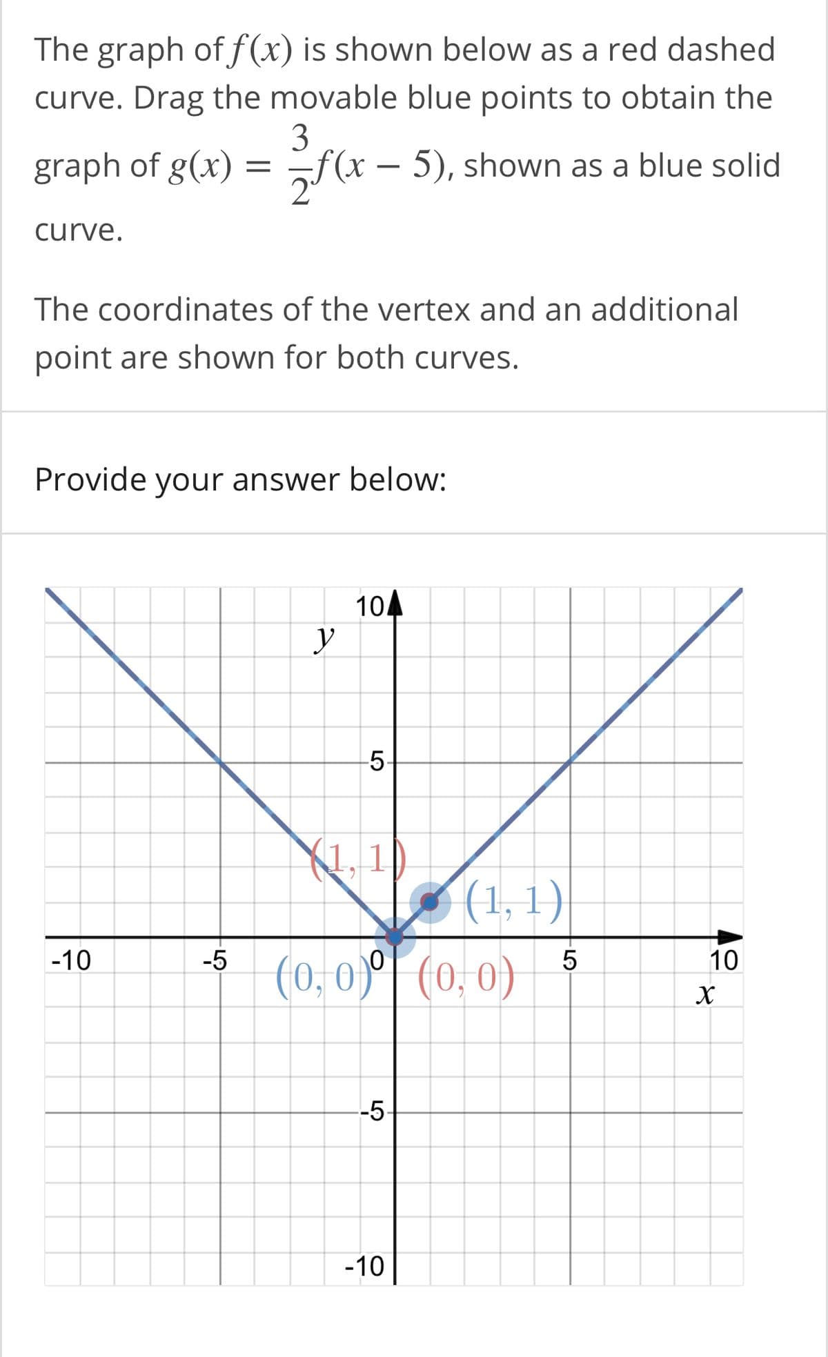 The graph of f (x) is shown below as a red dashed
curve. Drag the movable blue points to obtain the
3
graph of g(x) = f(x – 5), shown as a blue solid
curve.
The coordinates of the vertex and an additional
point are shown for both curves.
Provide your answer below:
104
y
5-
X1, 1
(1, 1)
-10
-5
5
10
(0, 0)°
(0, 0)
--5-
-10
LO
