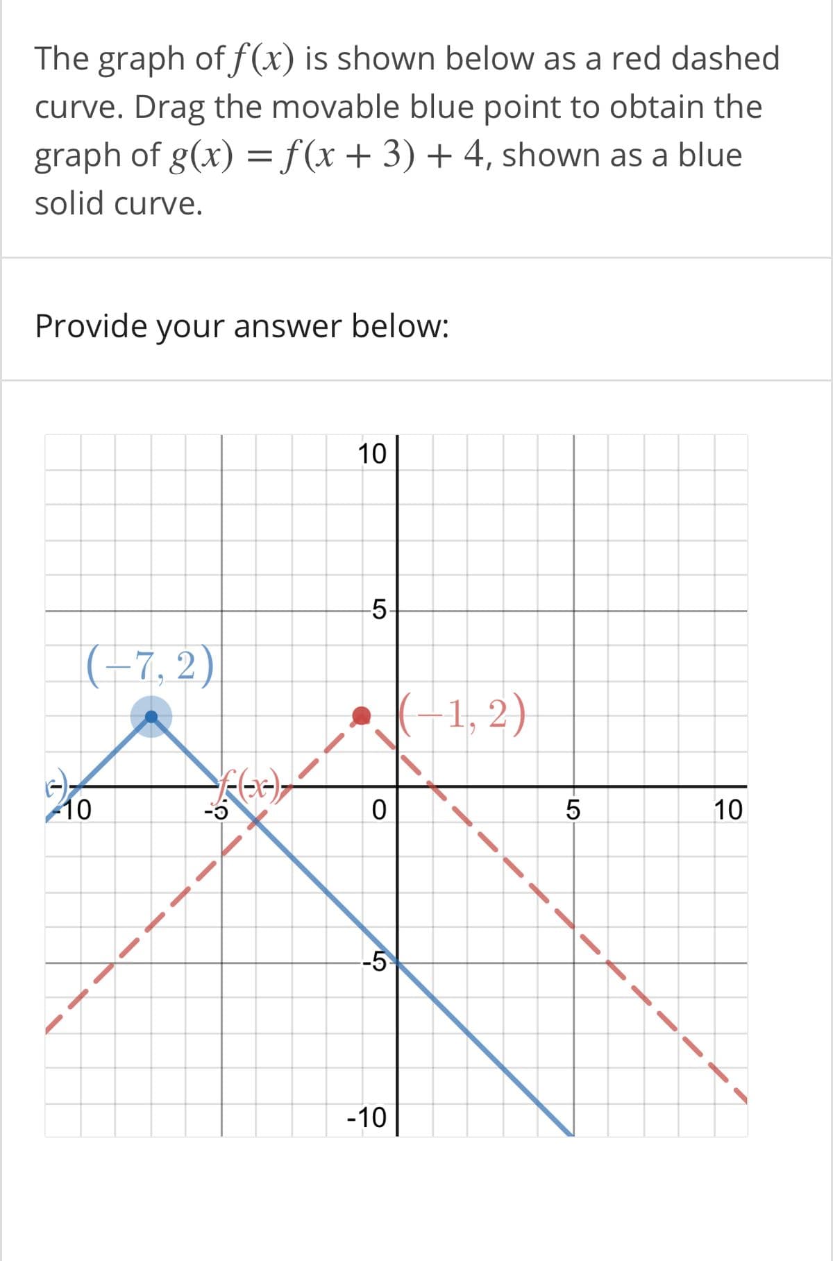 The graph of f(x) is shown below as a red dashed
curve. Drag the movable blue point to obtain the
graph of g(x) =f(x+3) +4, shown as a blue
solid curve.
Provide your answer below:
10
-5-
(-7, 2)
(-1, 2)
10
5
10
-5
-10
