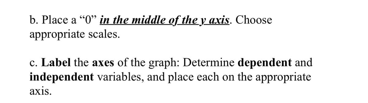 b. Place a "0" in the middle of the y axis. Choose
appropriate scales.
c. Label the axes of the graph: Determine dependent and
independent variables, and place each on the appropriate
аxis.
