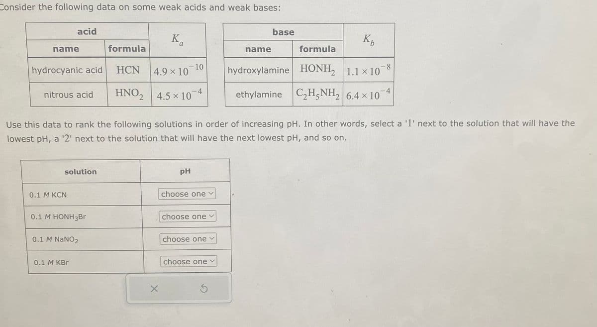 Consider the following data on some weak acids and weak bases:
name
acid
hydrocyanic acid
nitrous acid
solution
0.1 M KCN
0.1 M HONH3Br
0.1 M NaNO2
0.1 M KBr
formula
HCN
HNO2
Ka
4.9 × 10
4.5 x 10
X
- 10
PH
choose one ✓
Use this data to rank the following solutions in order of increasing pH. In other words, select a '1' next to the solution that will have the
lowest pH, a '2' next to the solution that will have the next lowest pH, and so on.
choose one ✓
choose one
choose one
name
S
base
formula
hydroxylamine HONH₂
ethylamine
C₂H5NH₂
|
K₂
1.1 × 10
6.4 × 10
8
4