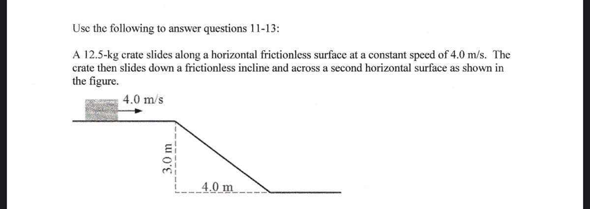 Use the following to answer questions 11-13:
A 12.5-kg crate slides along a horizontal frictionless surface at a constant speed of 4.0 m/s. The
crate then slides down a frictionless incline and across a second horizontal surface as shown in
the figure.
4.0 m/s
3.0 m
4.0 m