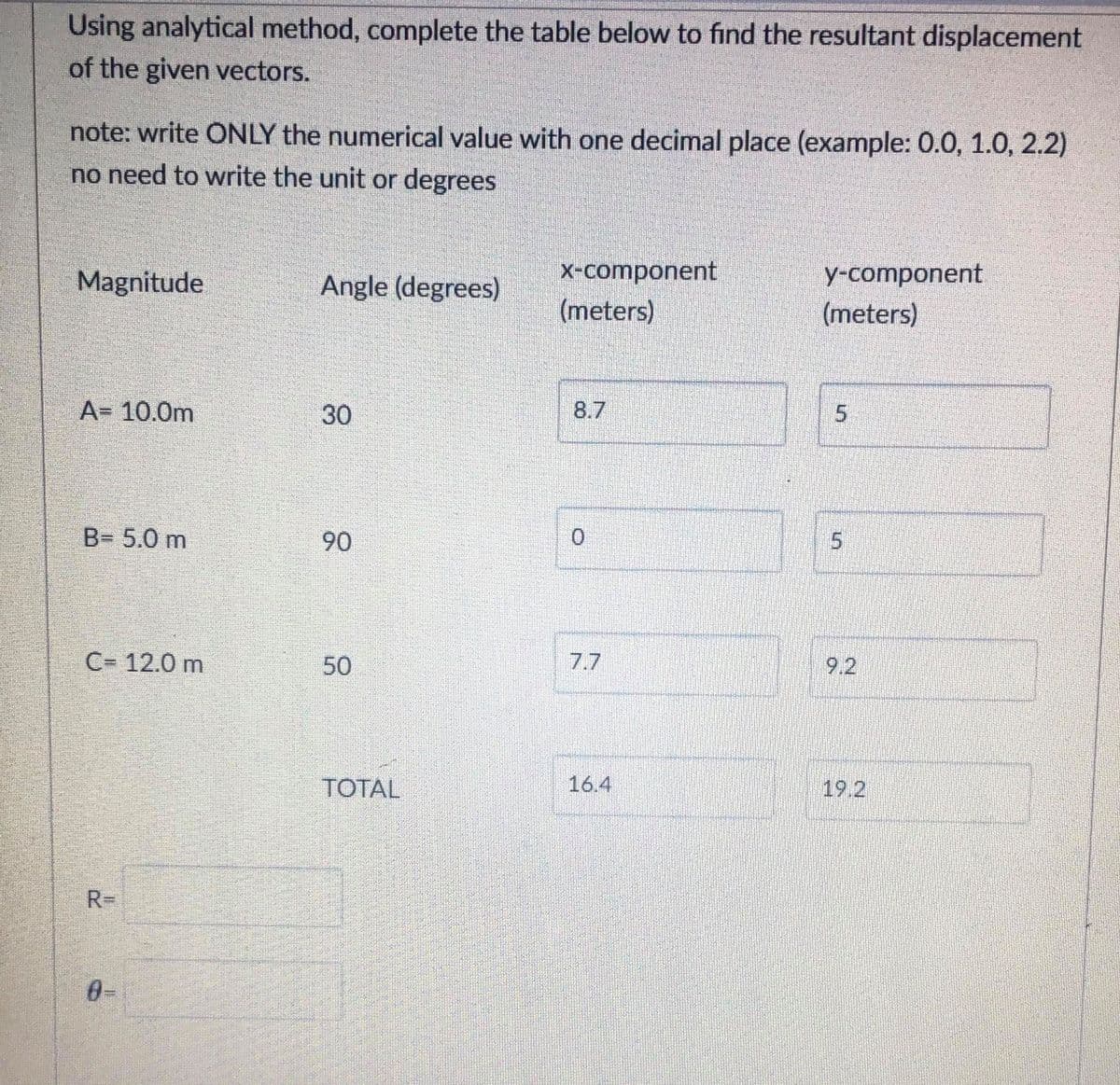 Using analytical method, complete the table below to find the resultant displacement
of the given vectors.
note: write ONLY the numerical value with one decimal place (example: 0.0, 1.0, 2.2)
no need to write the unit or degrees
X-component
(meters)
y-component
(meters)
Magnitude.
Angle (degrees)
A= 10.0m
30
8.7
B= 5.0 m
90
5
C= 12.0 m
50
7.7
9.2
TOTAL
16.4
19.2
R=
0-
5.
