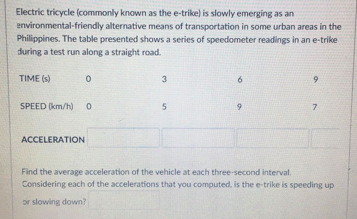 Electric tricycle (commonly known as the e-trike) is slowly emerging as an
environmental-friendly alternative means of transportation in some urban areas in the
Philippines. The table presented shows a series of speedometer readings in an e-trike
during a test run along a straight road.
TIME (s)
6.
SPEED (km/h)
7.
ACCELERATION
Find the average acceleration of the vehicle at each three-second interval.
Considering each of the accelerations that you computed, is the e-trike is speeding up
or slowing down?
9.
3.
