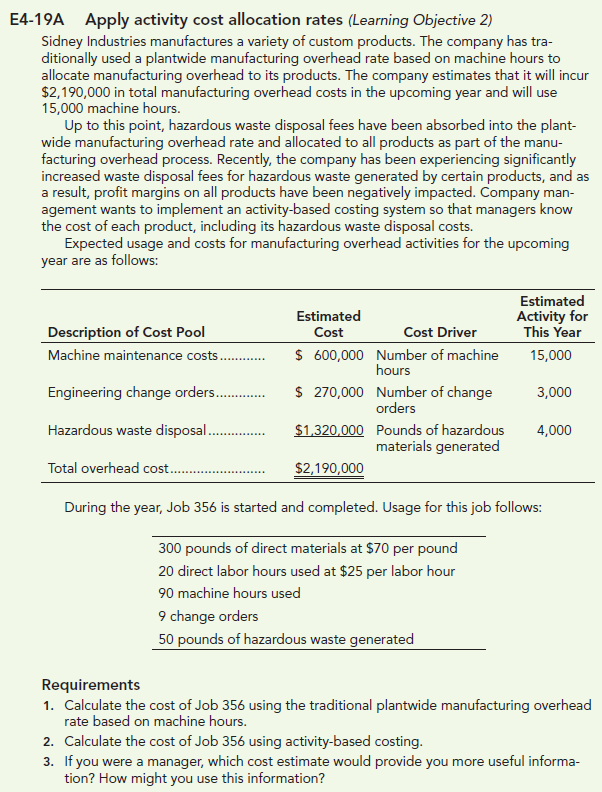 E4-19A Apply activity cost allocation rates (Learning Objective 2)
Sidney Industries manufactures a variety of custom products. The company has tra-
ditionally used a plantwide manufacturing overhead rate based on machine hours to
allocate manufacturing overhead to its products. The company estimates that it will incur
$2,190,000 in total manufacturing overhead costs in the upcoming year and will use
15,000 machine hours.
Up to this point, hazardous waste disposal fees have been absorbed into the plant-
wide manufacturing overhead rate and allocated to all products as part of the manu-
facturing overhead process. Recently, the company has been experiencing significantly
increased waste disposal fees for hazardous waste generated by certain products, and as
a result, profit margins on all products have been negatively impacted. Company man-
agement wants to implement an activity-based costing system so that managers know
the cost of each product, including its hazardous waste disposal costs.
Expected usage and costs for manufacturing overhead activities for the upcoming
year are as follows:
Estimated
Estimated
Activity for
This Year
Description of Cost Pool
Cost
Cost Driver
$ 600,000 Number of machine
hours
Machine maintenance costs .
15,000
Engineering change orders..
$ 270,000 Number of change
orders
3,000
Hazardous waste disposal..
$1,320,000 Pounds of hazardous
materials generated
4,000
Total overhead cos..
$2,190,000
During the year, Job 356 is started and completed. Usage for this job follows:
300 pounds of direct materials at $70 per pound
20 direct labor hours used at $25 per labor hour
90 machine hours used
9 change orders
50 pounds of hazardous waste generated
Requirements
1. Calculate the cost of Job 356 using the traditional plantwide manufacturing overhead
rate based on machine hours.
2. Calculate the cost of Job 356 using activity-based costing.
3. If you were a manager, which cost estimate would provide you more useful informa-
tion? How might you use this information?
