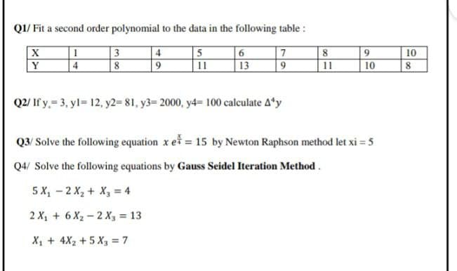 Q1/ Fit a second order polynomial to the data in the following table :
3
5
11
6
7
4
10
|Y
4
13
11
10
Q2/ If y. = 3, yl= 12, y2= 81, y3= 2000, y4= 100 calculate A*y
Q3/ Solve the following equation x et = 15 by Newton Raphson method let xi = 5
Q4/ Solve the following equations by Gauss Seidel Iteration Method.
5 X, - 2 X2 + X, = 4
2 X1 + 6 X2 - 2 Xg = 13
X + 4X2 +5 X3 = 7
