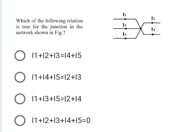 In
I2
Which of the following relation
is true for the junction in the
network shown in Fig.?
I3
I4
Is
1+|2+13=14+15
11+|4+|5=12+13
11+13+|5=12+|4
11+12+13+14+15=0
