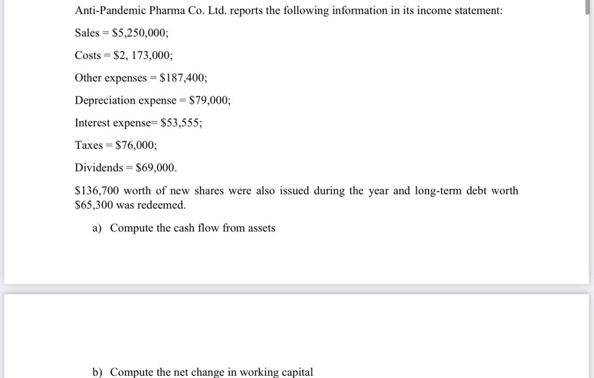 Anti-Pandemic Pharma Co. Ltd. reports the following information in its income statement:
Sales = $5,250,000;
Costs = $2, 173,000;
Other expenses = $187,400;
Depreciation expense = $79,000;
Interest expense= $53,555;
Taxes = $76,000;
Dividends = $69,000.
$136,700 worth of new shares were also issued during the year and long-term debt worth
$65,300 was redeemed.
a) Compute the cash flow from assets
b) Compute the net change in working capital
