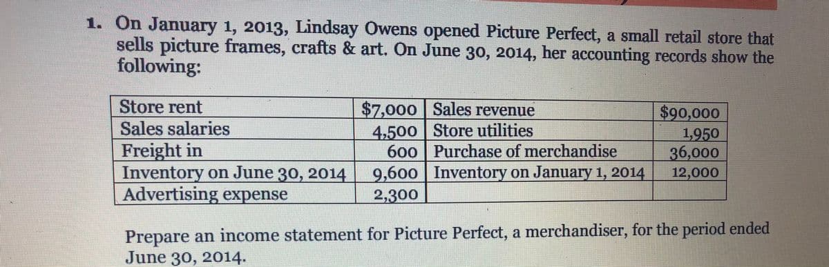 1. On January 1, 2013, Lindsay Owens opened Picture Perfect, a small retail store that
sells picture frames, crafts & art. On June 30, 2014, her accounting records show the
following:
Store rent
Sales salaries
Freight in
Inventory on June 30, 2014
Advertising expense
$7,000 Sales revenue
4,500 Store utilities
600 Purchase of merchandise
9,600 | Inventory on January 1, 2014
$90,000
1,950
36,000
12,000
2,300
Prepare an income statement for Picture Perfect, a merchandiser, for the period ended
June 30, 2014.
